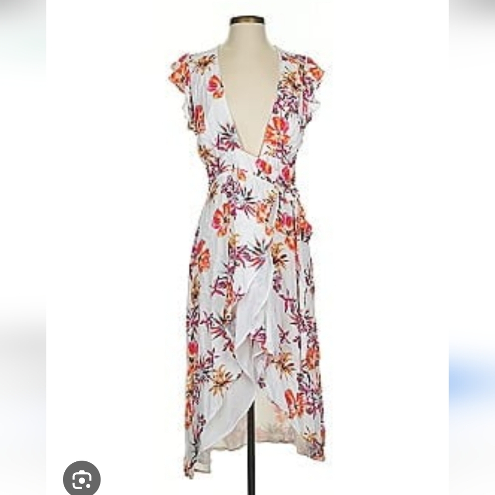 Adelyn Rae White Floral Wrap Midi Dress with Orange & Pink Flowers